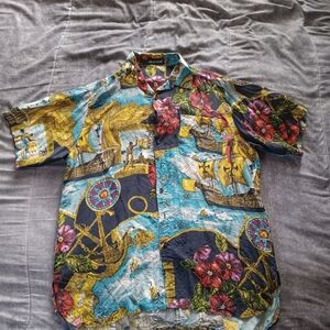 Silk Club Shirt Button Up sailor Print Size Mens Large 100% Silk